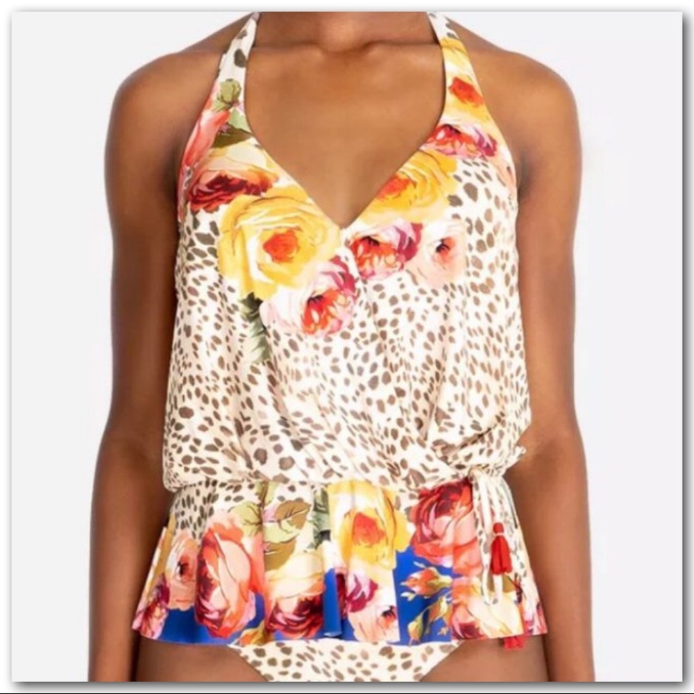 Johnny Was Oksana Leopard Floral Print Halter Wrap Tankini Top - Picture 5 of 12